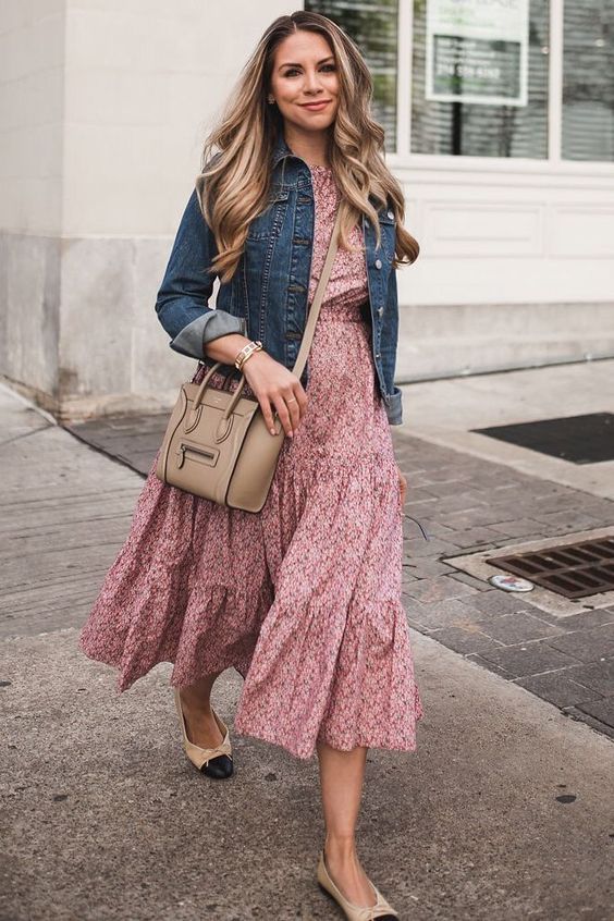 Pink Floral Midi Sundress with Denim Jacket